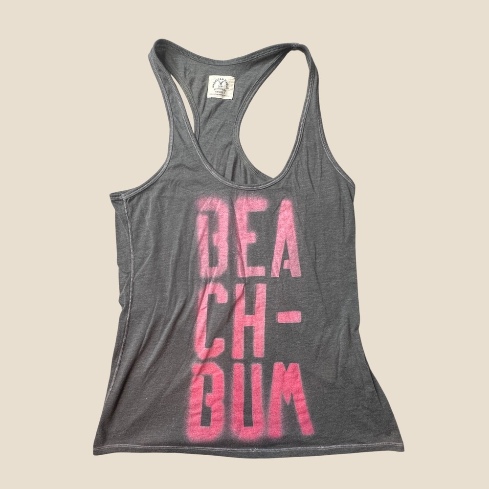American Eagle Tank Top Womens Small Gray Beach Bum Racerback Graphic Vintage T